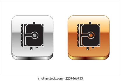 Black Ancient magic book with alchemy recipes and mystic spells and enchantments icon isolated on white background. Silver-gold square button. Vector Illustration