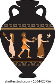 black ancient pot with human figures and two handles
