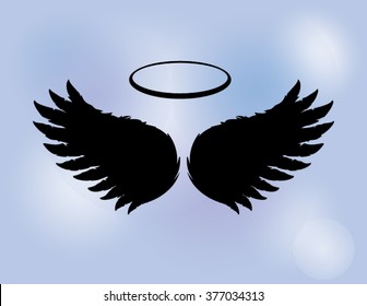 Black angel wings with a halo on a blue sky background. Vector wings and feathers flying in the sky.