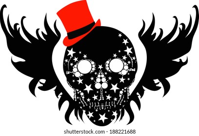 black with black angel wings and a red hat has a skull design. a kind of tattoo designs. vector