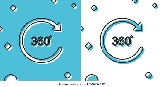Black Angle 360 degrees icon isolated on blue and white background. Rotation of 360 degrees. Geometry math symbol. Full rotation. Random dynamic shapes. Vector Illustration