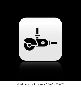 Black Angle grinder icon isolated on black background. Silver square button. Vector Illustration
