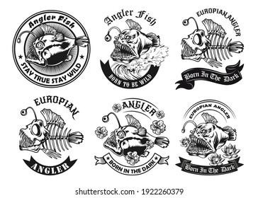 Black angler fish label designs vector illustration set. Vintage predator fish from ocean. Underwater fauna and wildlife concept can be used for retro template, banner or poster