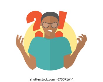 Black angry man in glasses. Guy in rage. Flat design icon. Simply editable isolated vector illustration