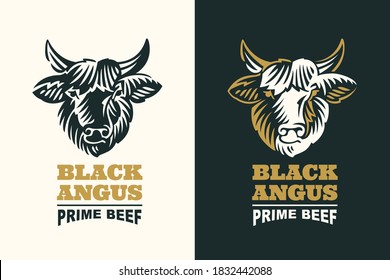 Black Angus bull head silhouette logo. Classic emblem for prime beef label, steak restaurant identity, barbecue poster etc. svg