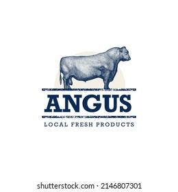 Black Angus Cow Engraving Illustration. Fresh Local Farm Meat Design Element. Ranch Vector Sign 