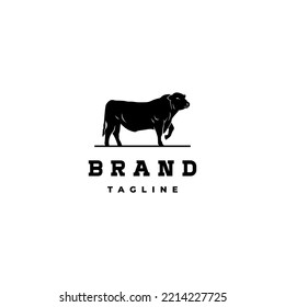 Black Angus Cow Silhouette Logo Design. Black Angus Cow Illustration With One Leg Raised.