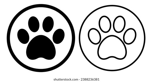 Black animal dog footprint paw	stamp, solid and outlined. Vector