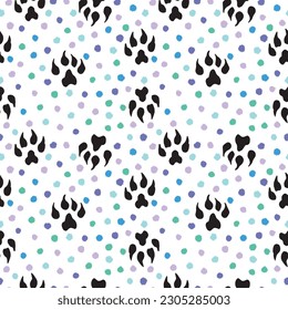 Black animal footprint and colorful speck pattern.