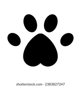 A black animal footprint on a white isolated background, a simple cat or dog footprint icon, a heart-shaped footprint
