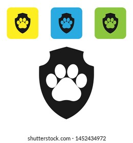 Black Animal health insurance icon isolated on white background. Pet protection icon. Dog or cat paw print. Set icons colorful square buttons. Vector Illustration