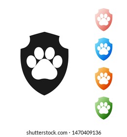 Black Animal health insurance icon isolated on white background. Pet protection icon. Dog or cat paw print. Set icons colorful. Vector Illustration