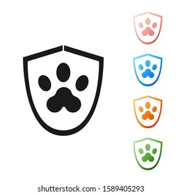 Black Animal health insurance icon isolated on white background. Pet protection icon. Dog or cat paw print. Set icons colorful. Vector Illustration