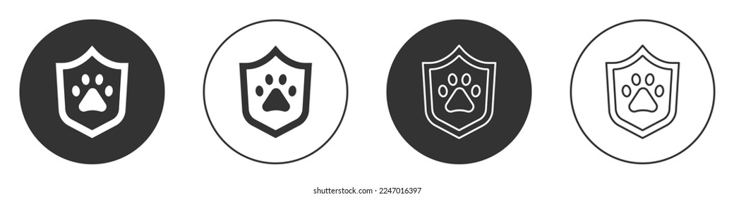 Black Animal health insurance icon isolated on white background. Pet protection concept. Dog or cat paw print. Circle button. Vector