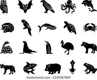 Black Animal Icons. Vector Illustrations Of Owl, Bat, Eagle, Octopus, Dolphin, Hedgehog, Parrot, Whale, Turtle, Crab, Snake, Penguin, Cassowary, Wolf, Shark and Others