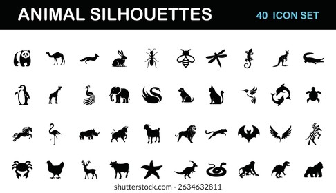 Black Animal Icons  Vector Style Silhouette Collection of Zoo, Farm, and Wildlife Animals