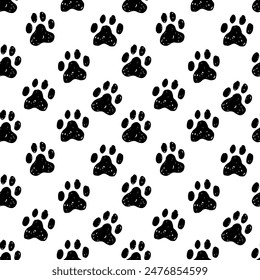 Black animal paw prints seamless pattern on white backfround. Sketchy, rugged, textured pet paw prints simple endless pattern for textile, paper design.