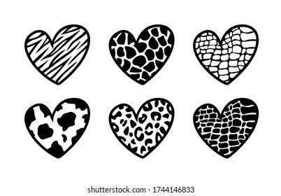 Black animal print hearts on a white background. Tiger, leopard, giraffe, cow and alligator vector prints. Eps 10