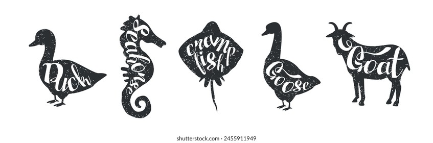 Black Animal Silhouette with Inscription Inside Vector Set