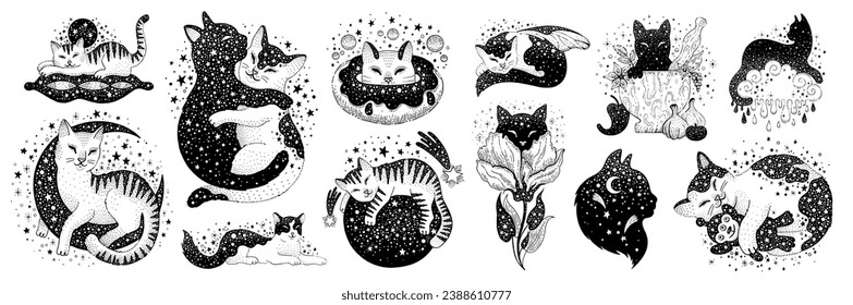 Black animal silhouettes, cute cats with moon,  stars pattern. Funny pets in different poses. Abstract and mystic art with black and tabby kittens, flower, planet, moon. Vector cat sketch illustration