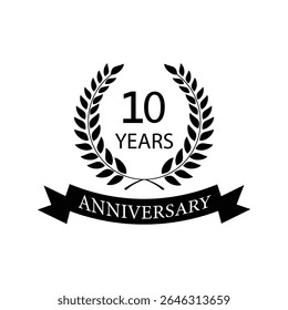 Black anniversary Laurel Wreath Badge – Vector Icon for Milestone, Celebration and Award Design of 10years.