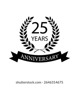 Black anniversary Laurel Wreath Badge – Vector Icon for Milestone, Celebration and Award Design of 25years.