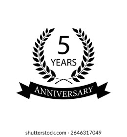 Black anniversary Laurel Wreath Badge – Vector Icon for Milestone, Celebration and Award Design of 5years.