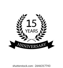 Black anniversary Laurel Wreath Badge – Vector Icon for Milestone, Celebration and Award Design of 15years.