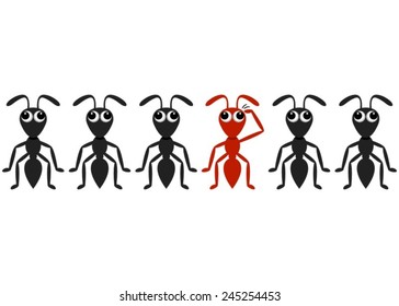Black ant cartoon characters row with red one