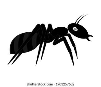 Black ant clipart. Vector illustration, logo design and icon. Silhouette in cartoon style. Side view. 