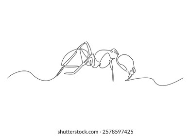 Black ant in continuous one line drawing. Single line art draw of soldier ant. Editable vector.