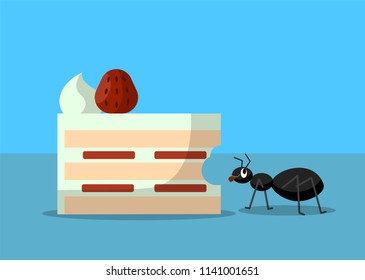 Black ant eating strawberry cake, illustration vector.