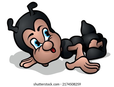 The Black Ant Fell to the Ground with a Surprised Face - Colored Cartoon Illustration Isolated on White Background, Vector