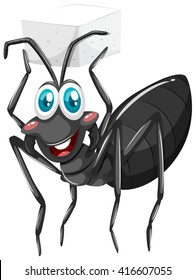 Black ant holding sugar cube illustration