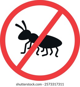 Black ant icon with six legs and antennae inside a red prohibition symbol, indicating pest control or elimination. Clear and universally recognizable design on a white background.