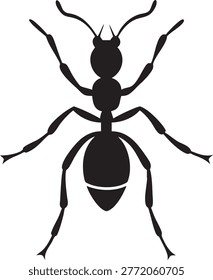 a black ant silhouette with six legs and antennae, isolated on a white background.