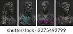 Black antique busts. Set of vector illustrations. Typography design and vectorized 3D illustrations on the background.