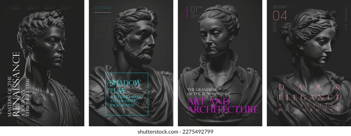 Black antique busts. Set of vector illustrations. Typography design and vectorized 3D illustrations on the background.