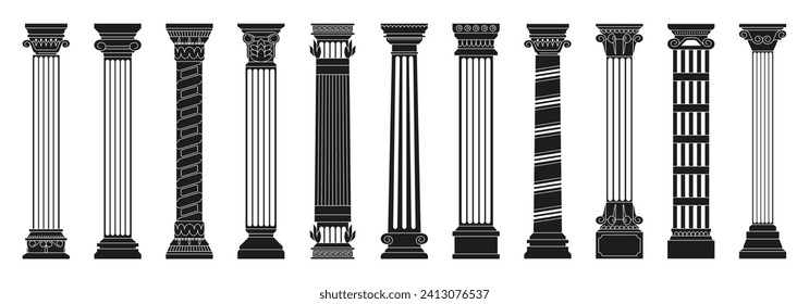 Columnas antiguas negras. Antiguas columnas doradas romanas con elementos decorativos esculpidos, piezas antiguas de construcción de arquitectura griega, clásico mediterráneo. Conjunto aislado de vectores. Objetos para la fachada de construcción