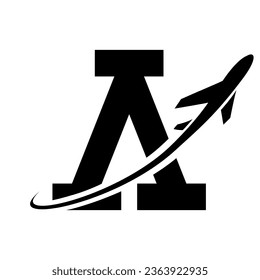 Black Antique Letter A Icon with an Airplane on a White Background