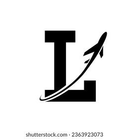 Black Antique Letter L Icon with an Airplane on a White Background