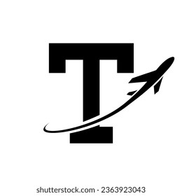 Black Antique Letter T Icon with an Airplane on a White Background