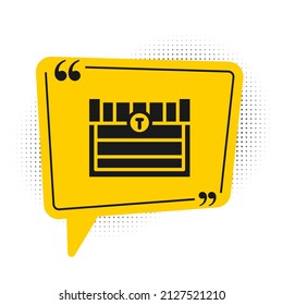 Black Antique treasure chest icon isolated on white background. Vintage wooden chest with golden coin. Yellow speech bubble symbol. Vector