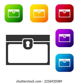 Black Antique treasure chest icon isolated on white background. Vintage wooden chest with golden coin. Set icons in color square buttons. Vector