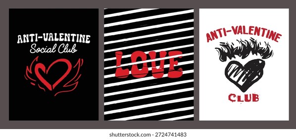 Conjunto de diseño de póster anti-San Valentín negro con motivos oscuros de amor y corazón con estilo alternativo y vanguardista. Perfecto para solteros, decoración sarcástica, celebraciones de ruptura y audaces gráficos del Día de San Valentín.