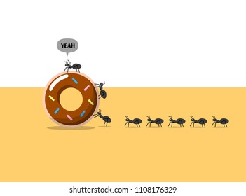 Black ants carrying and climbing on chocolate donut, illustration vector.