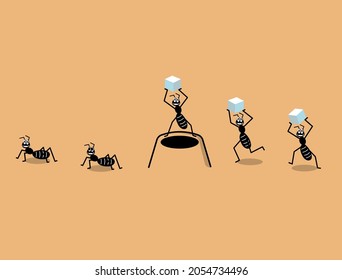 Black ants carrying some sugar on the head isolated in yellow background. Vector illustration.