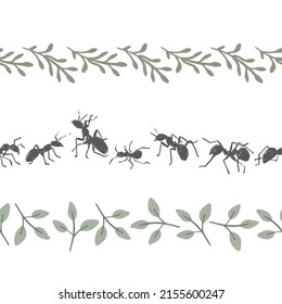 Black Ants and Leaves Vector Seamless Horizontal Borders Set
