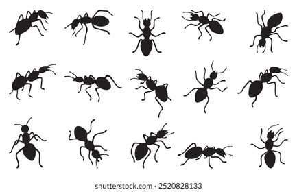 Black ants silhouettes. Isolated ant working walking marching. Work in ground insects colony. Flat insect, nature organic characters neoteric vector set