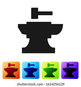 Black Anvil for blacksmithing and hammer icon isolated on white background. Metal forging. Forge tool. Set icons in color square buttons. Vector Illustration